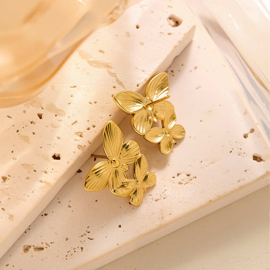Double Butterfly Earrings – Textured Gold Design | Stainless Steel 18K Gold Plated