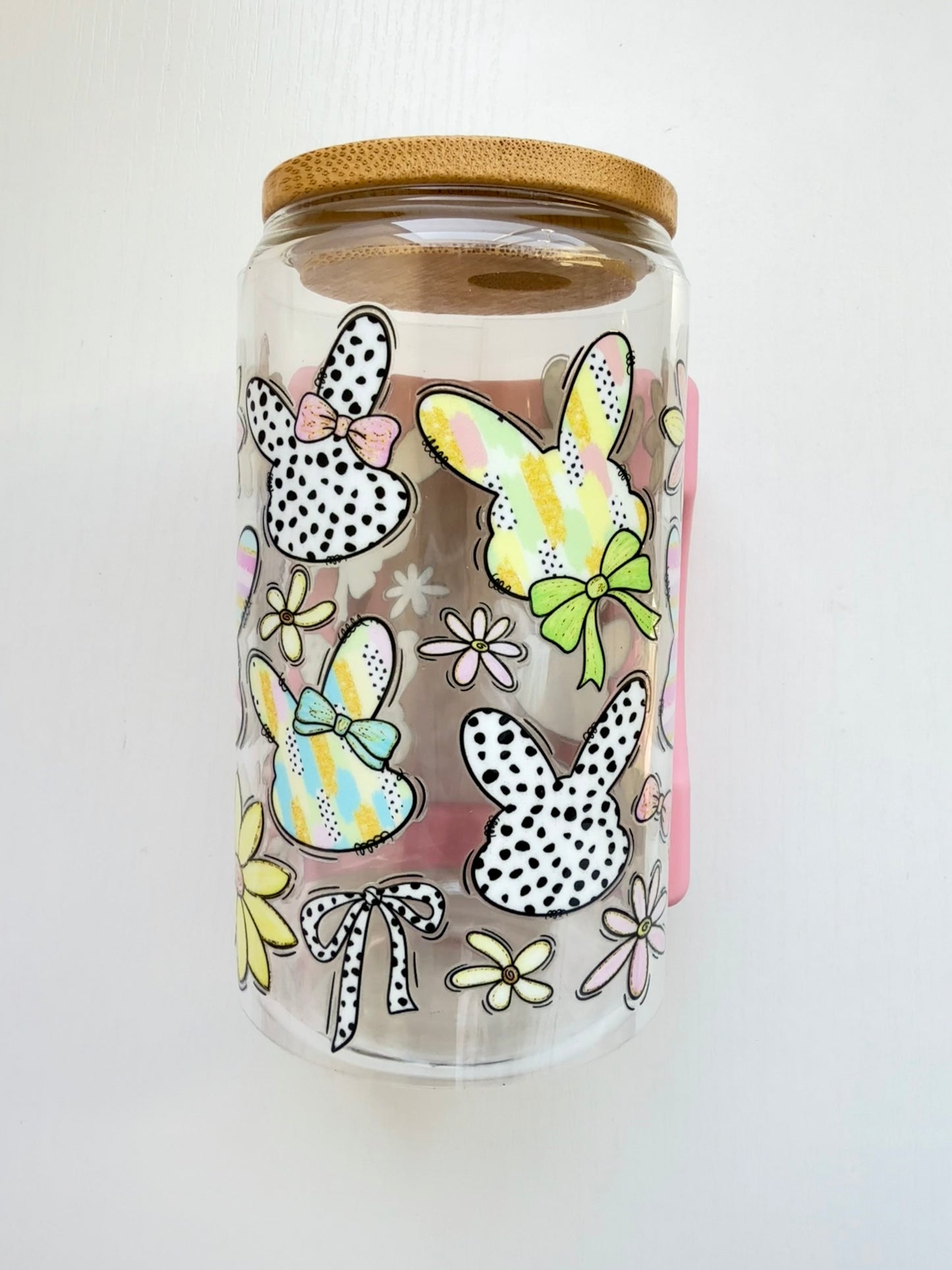 Bunny Parade Glass Cup – 16 oz Easter Theme with Lid Choice