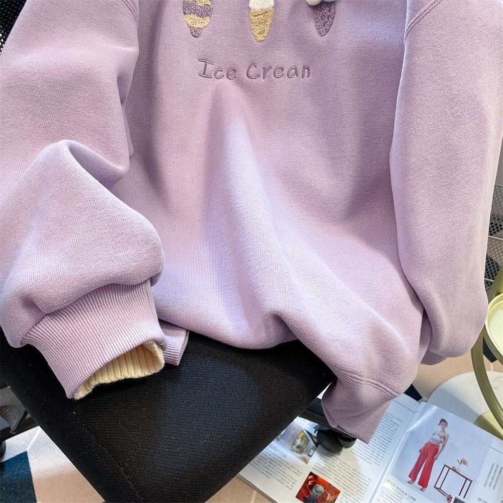 “Ice Cream” Embroidered Sweatshirt – Lavender with Pastel Cone Designs & Yellow Trim