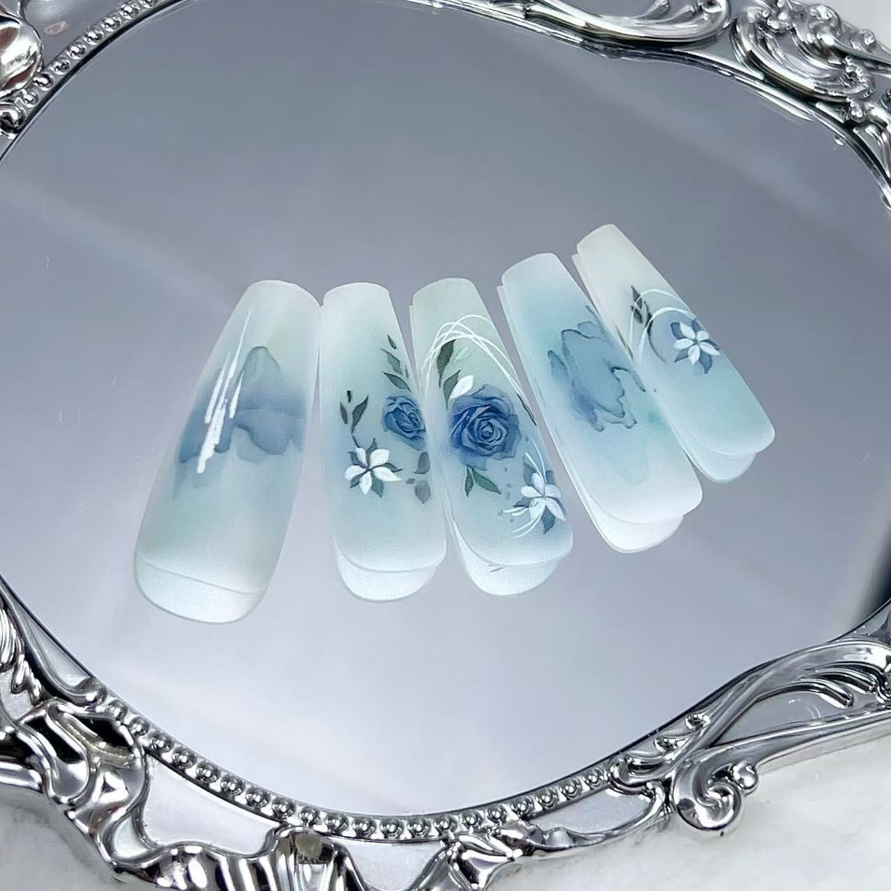 Blue Floral Watercolor Press-On Nails – Handmade Art Design | Made Armor Collection