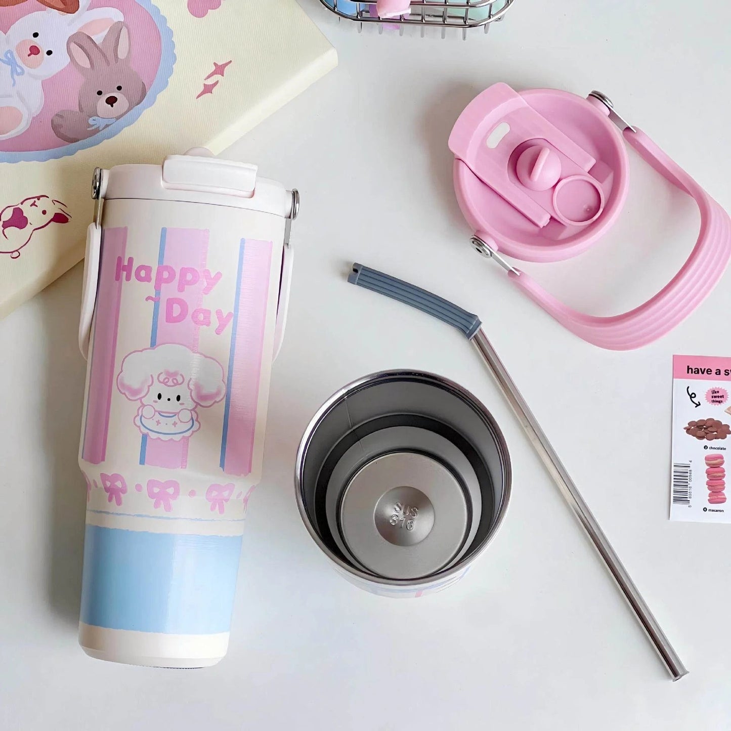 Happy Day Sheep Tumbler – 900ml Pastel Thermos with Bow & Cartoon Design