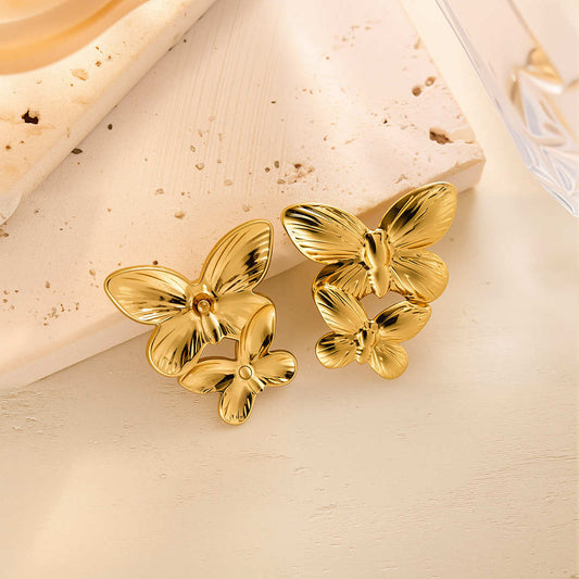 Double Butterfly Earrings – Textured Gold Design | Stainless Steel 18K Gold Plated
