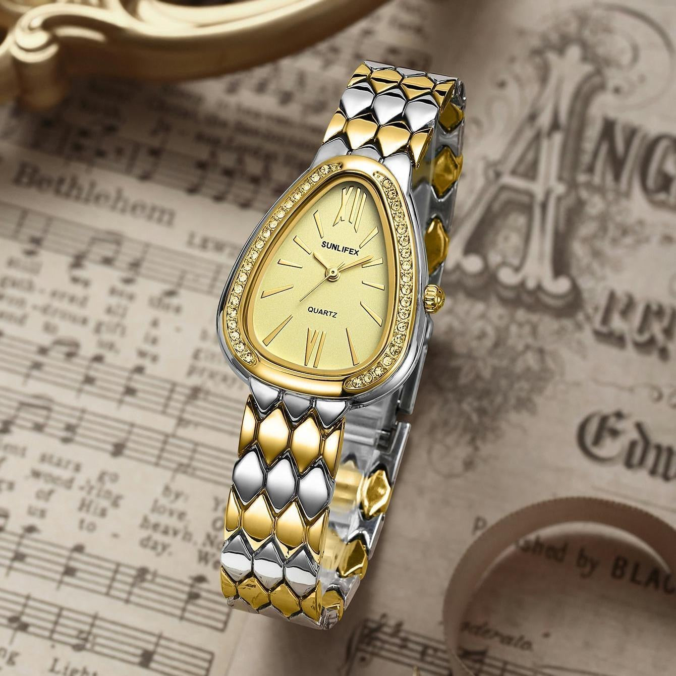 SUN-FLEX Teardrop Quartz Watch – Dual-Tone Elegance with Crystal Bezel