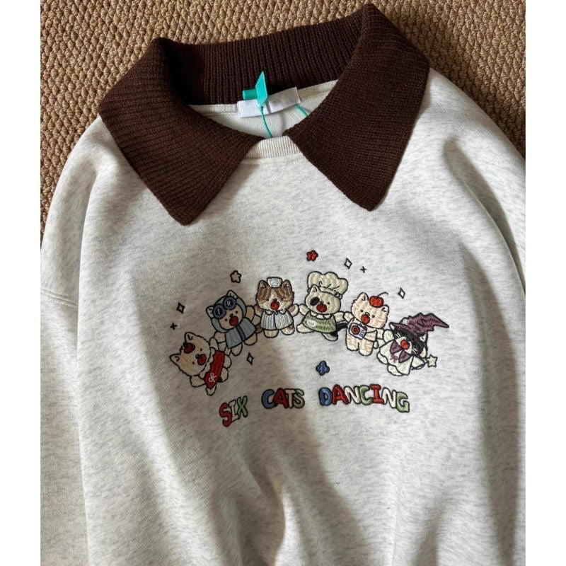“SIX CATS DANCING” Cartoon Sweatshirt – Light Gray with Embroidered Sleeve Detail