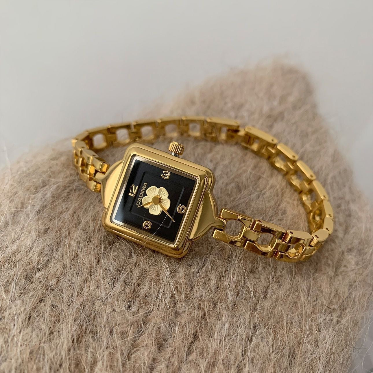 OLIVLA Square Gold-Tone Women’s Watch – Black Dial with Floral Center