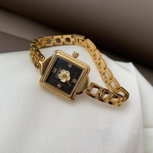 OLIVLA Square Gold-Tone Women’s Watch – Black Dial with Floral Center
