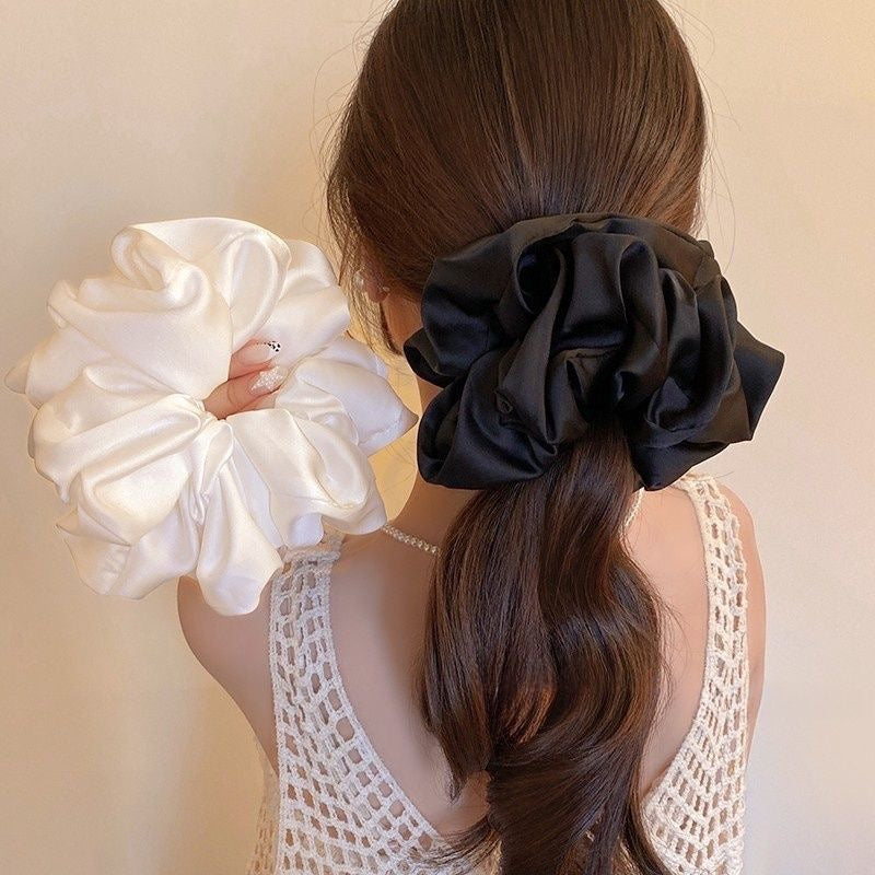 Oversized White silk plated Satin Scrunchie – Voluminous Hair Accessory for All Styles