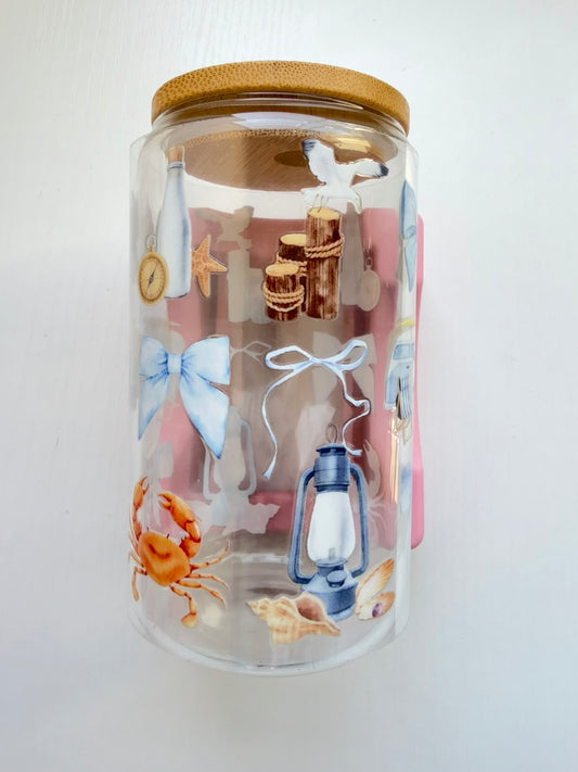 Ornamental Blue Glass Cup – 16 oz Elegant Pattern with Lid Choice