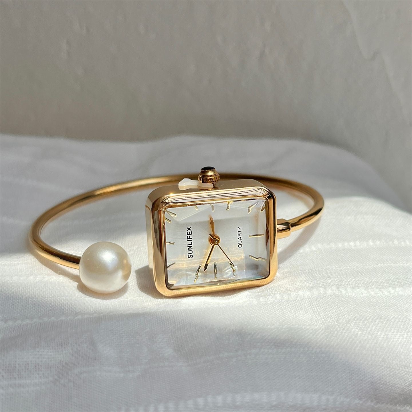 SUNLUX Square Women’s Bangle Watch – Gold-Tone Case with Pearl Accent & Pearlescent Dial