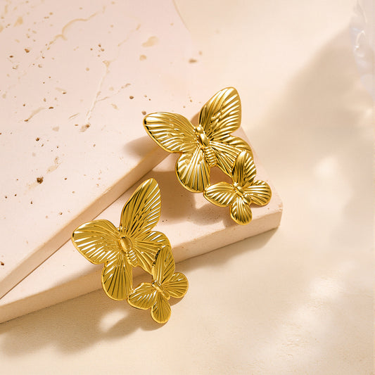 Double Butterfly Earrings – Textured Gold Design | Stainless Steel 18K Gold Plated