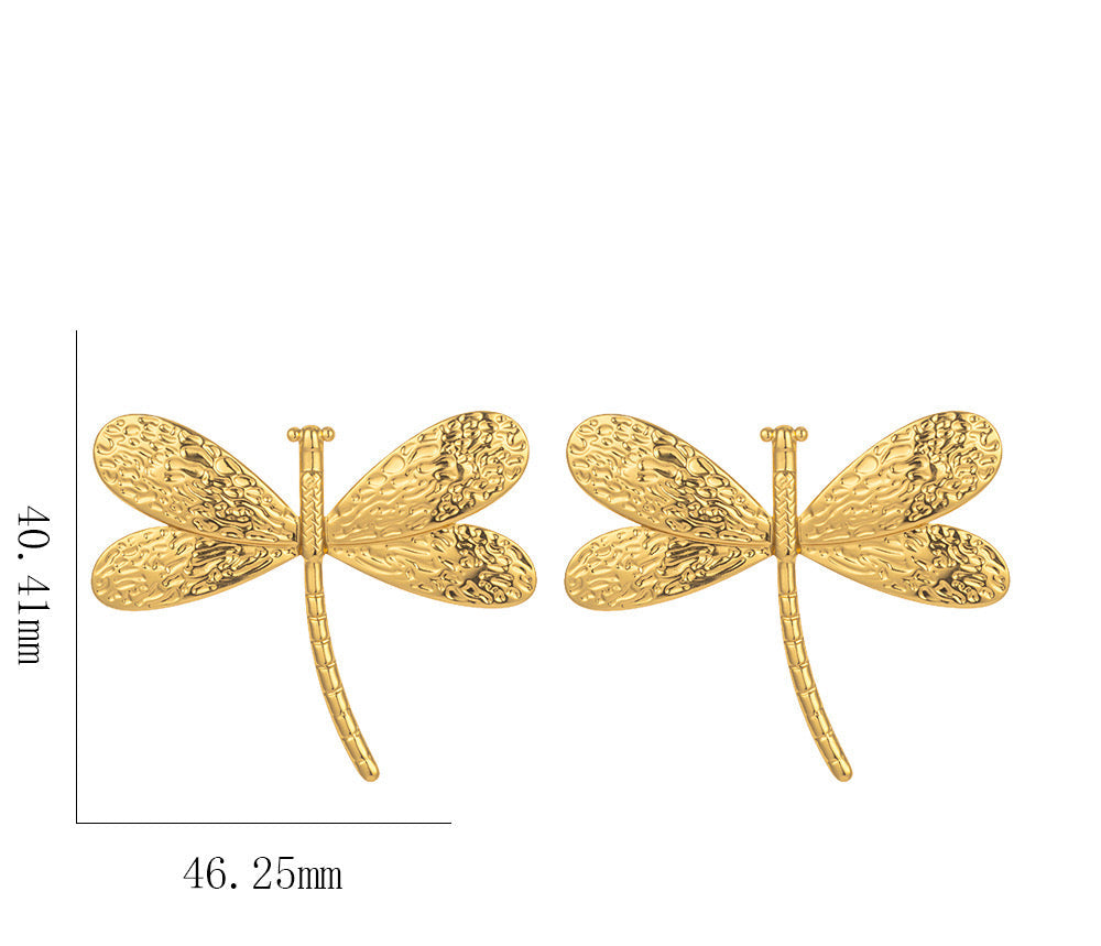 Dragonfly Statement Earrings – Textured Gold Wings | Stainless Steel 18K Gold Plated