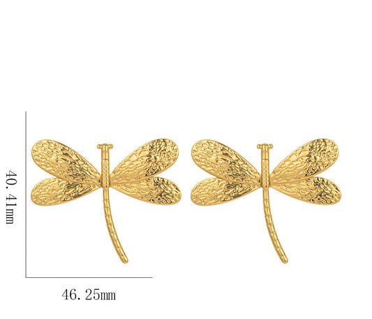Dragonfly Statement Earrings – Textured Gold Wings | Stainless Steel 18K Gold Plated