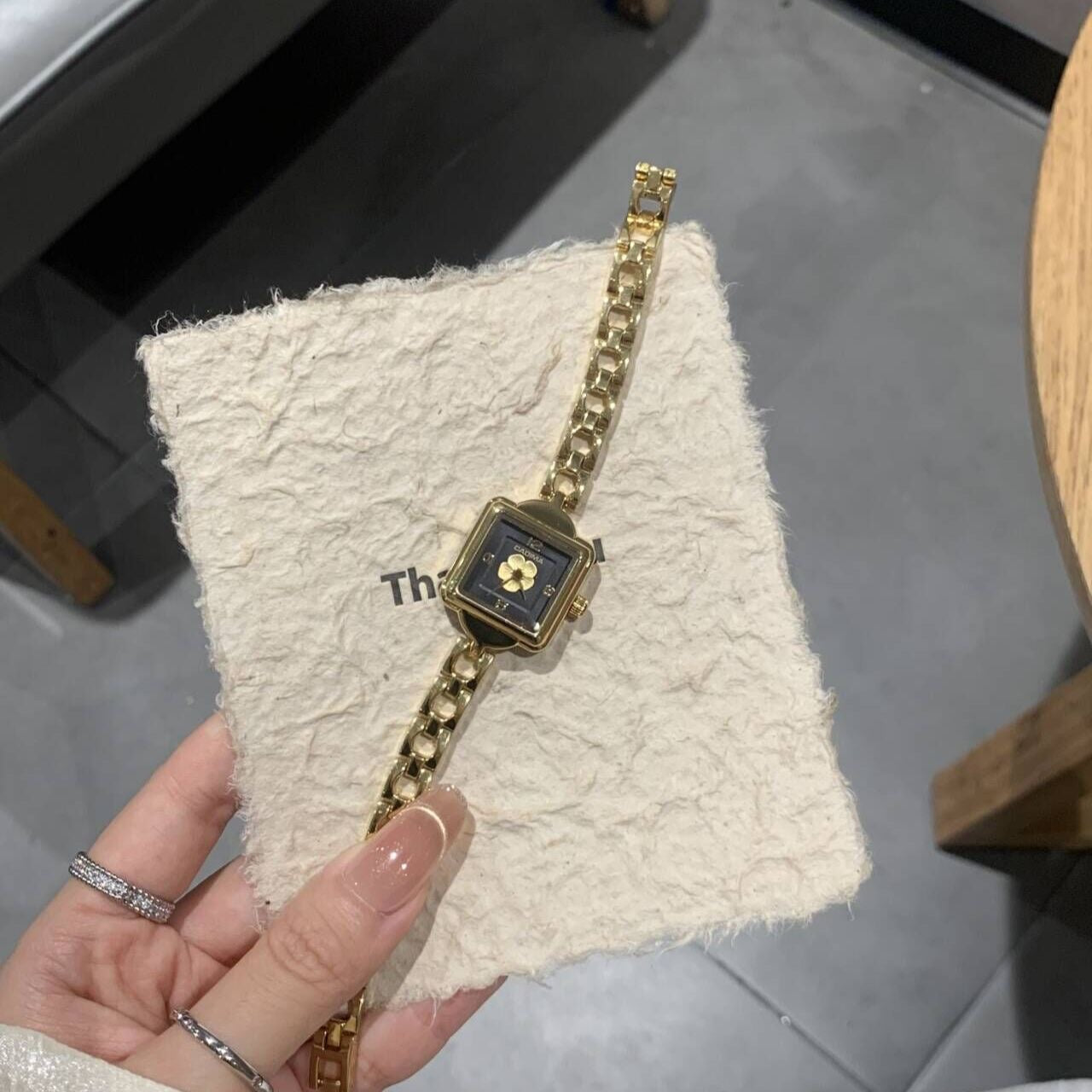 OLIVLA Square Gold-Tone Women’s Watch – Black Dial with Floral Center