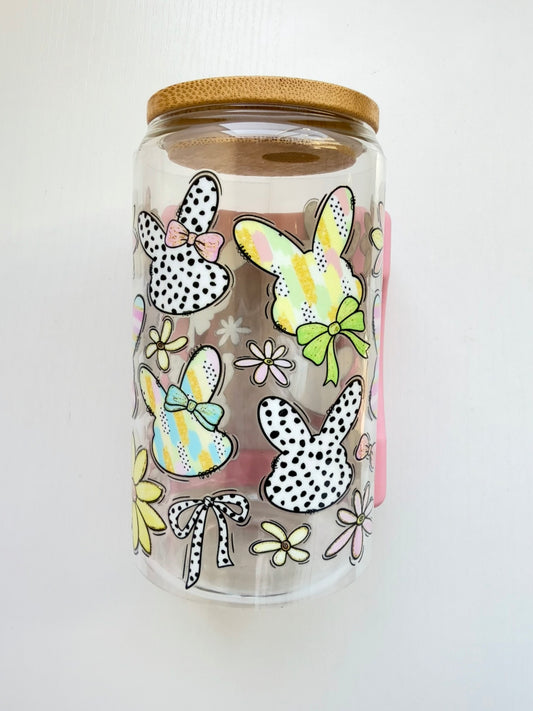 Bunny Parade Glass Cup – 16 oz Easter Theme with Lid Choice