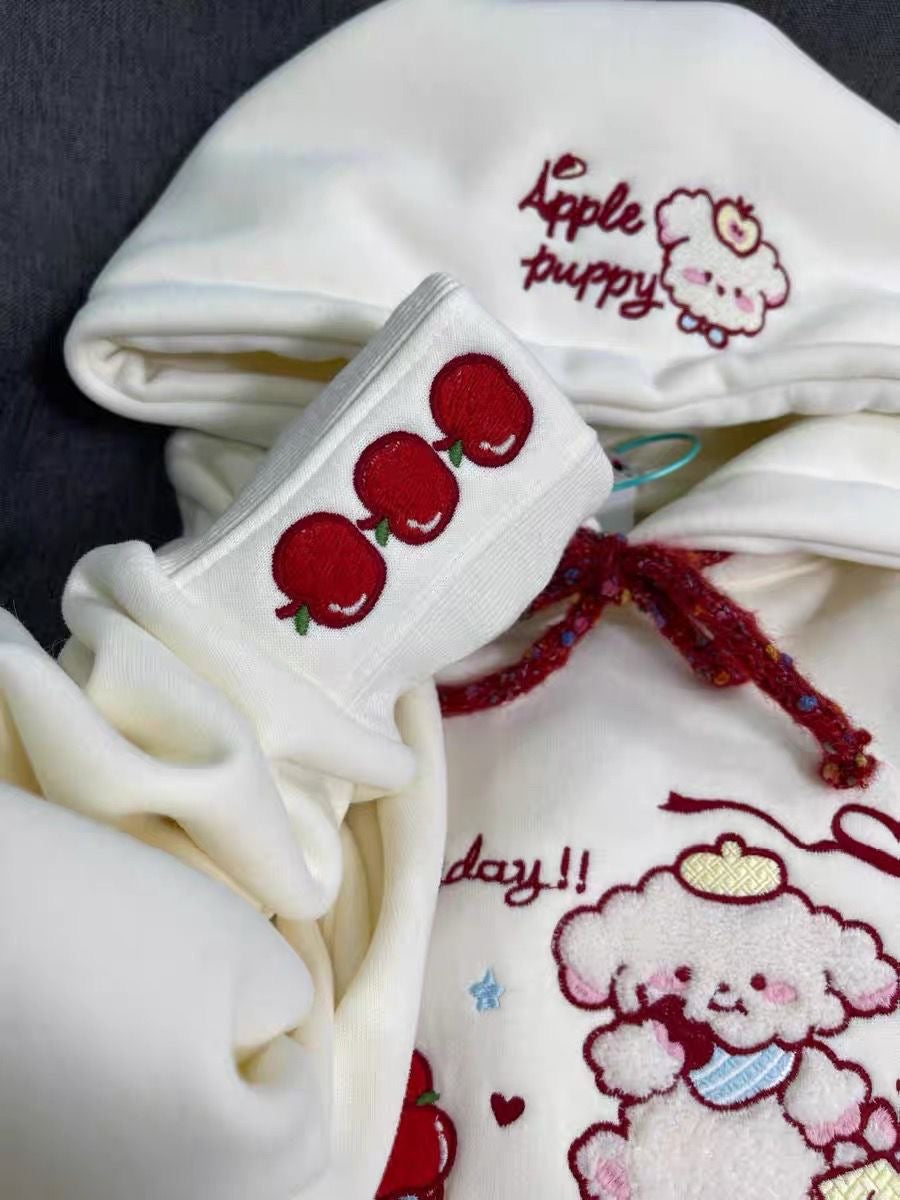 “Apple Puppy” Embroidered Hoodie – Cream with Red Accents & Whimsical Motifs