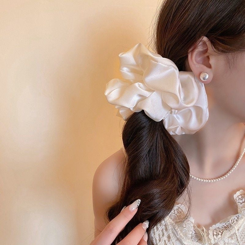 Oversized White silk plated Satin Scrunchie – Voluminous Hair Accessory for All Styles