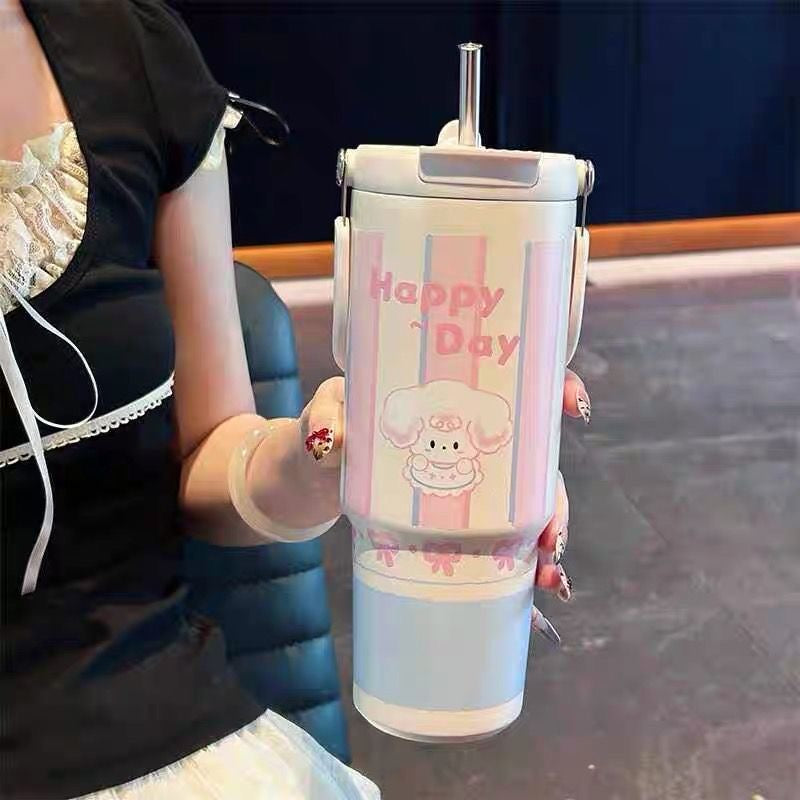 Happy Day Sheep Tumbler – 900ml Pastel Thermos with Bow & Cartoon Design