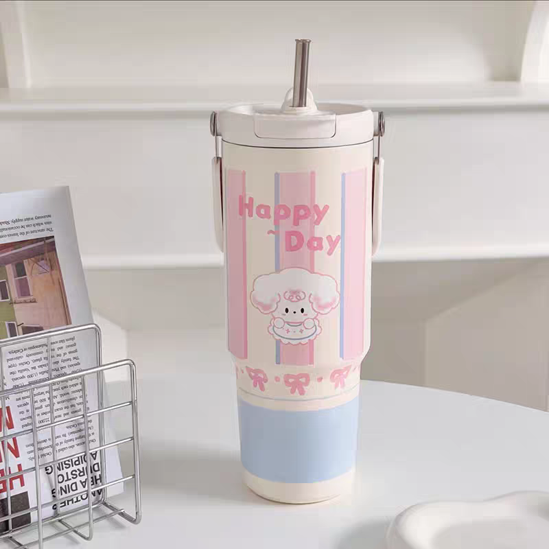Happy Day Sheep Tumbler – 900ml Pastel Thermos with Bow & Cartoon Design