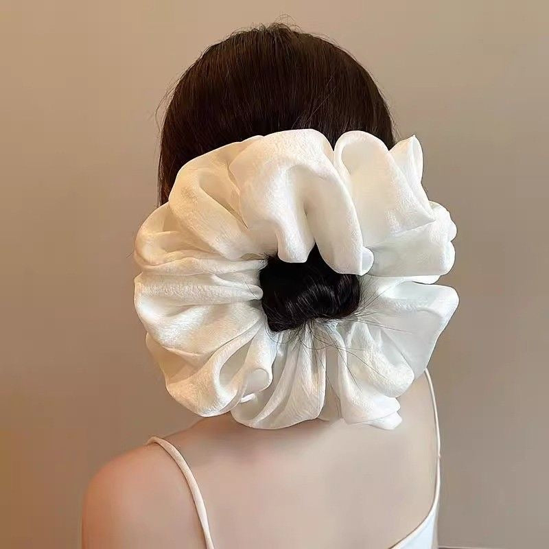 Oversized White silk plated Satin Scrunchie – Voluminous Hair Accessory for All Styles