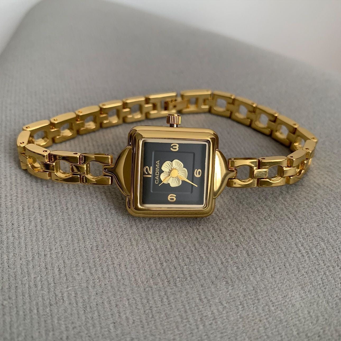 OLIVLA Square Gold-Tone Women’s Watch – Black Dial with Floral Center