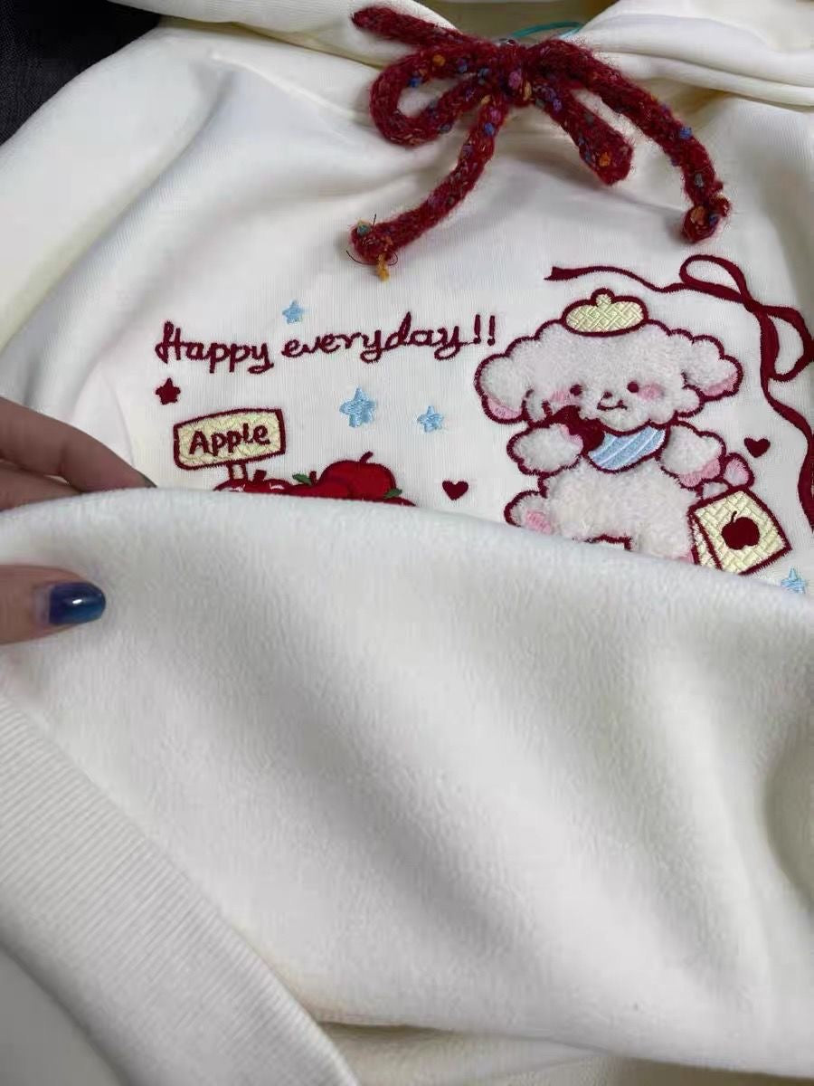 “Apple Puppy” Embroidered Hoodie – Cream with Red Accents & Whimsical Motifs