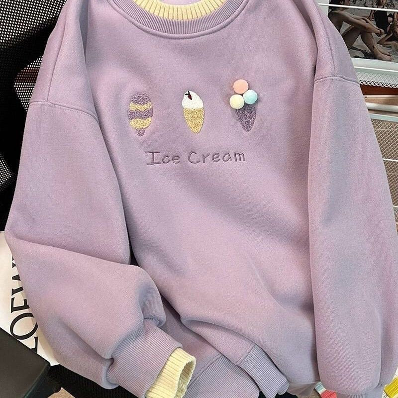 “Ice Cream” Embroidered Sweatshirt – Lavender with Pastel Cone Designs & Yellow Trim
