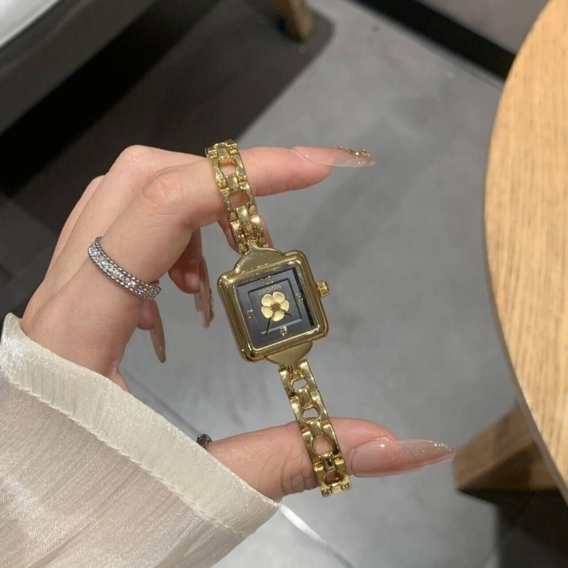 OLIVLA Square Gold-Tone Women’s Watch – Black Dial with Floral Center