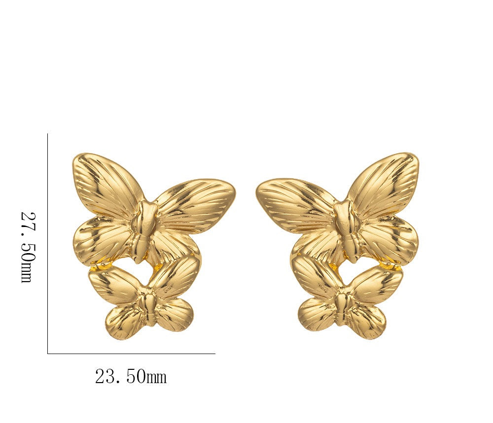 Double Butterfly Earrings – Textured Gold Design | Stainless Steel 18K Gold Plated