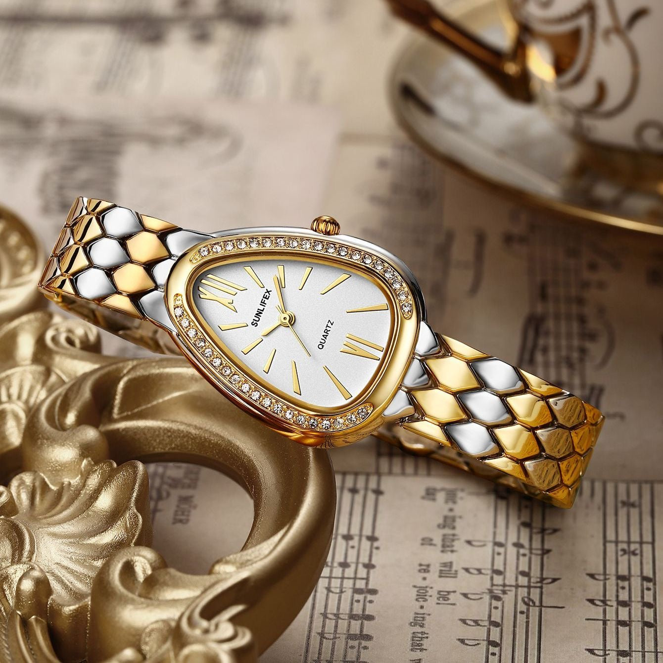 SUN-FLEX Teardrop Quartz Watch – Dual-Tone Elegance with Crystal Bezel