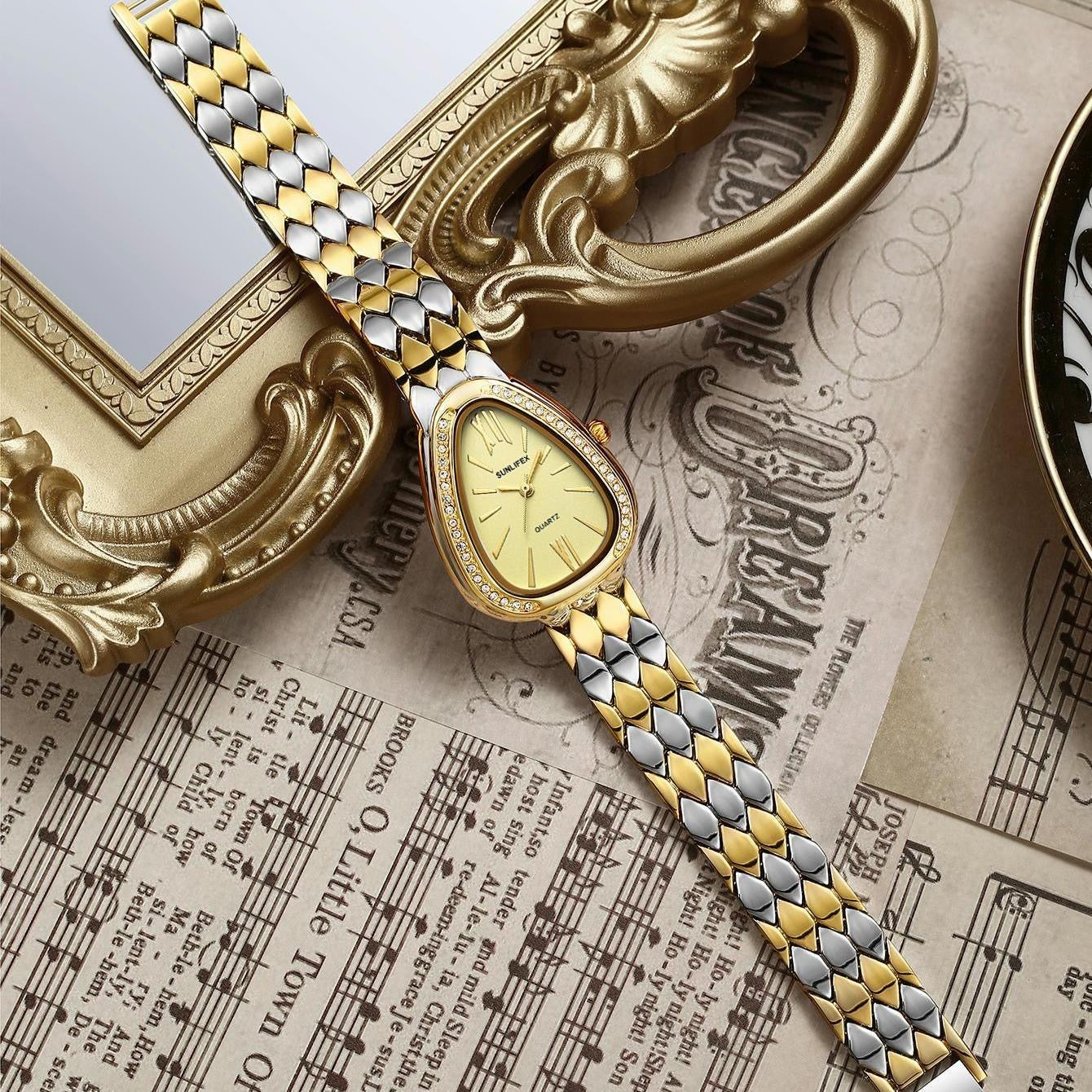 SUN-FLEX Teardrop Quartz Watch – Dual-Tone Elegance with Crystal Bezel