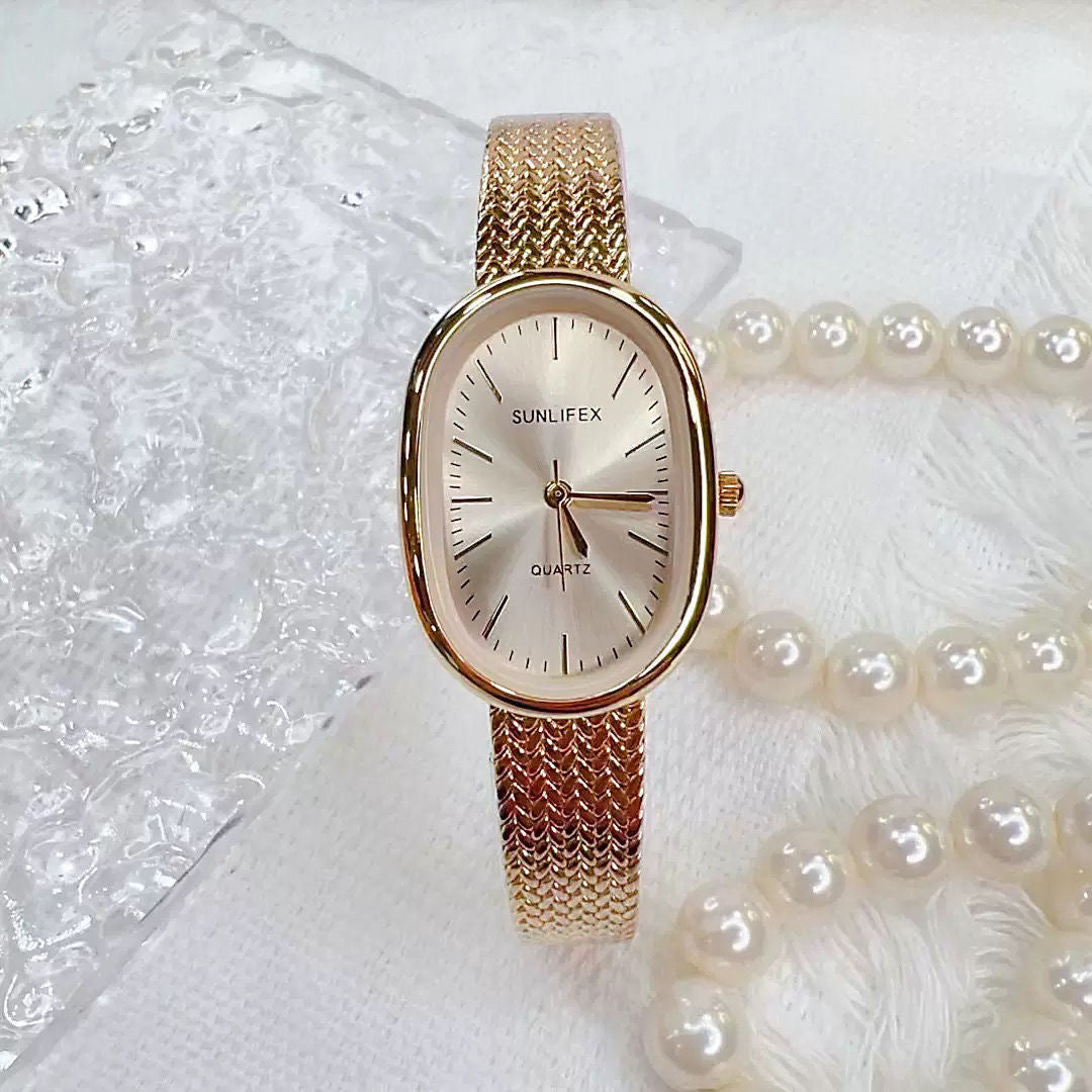 SUNLIFEX Gold Mesh Oval Watch – Minimalist Elegance in Timeless Design