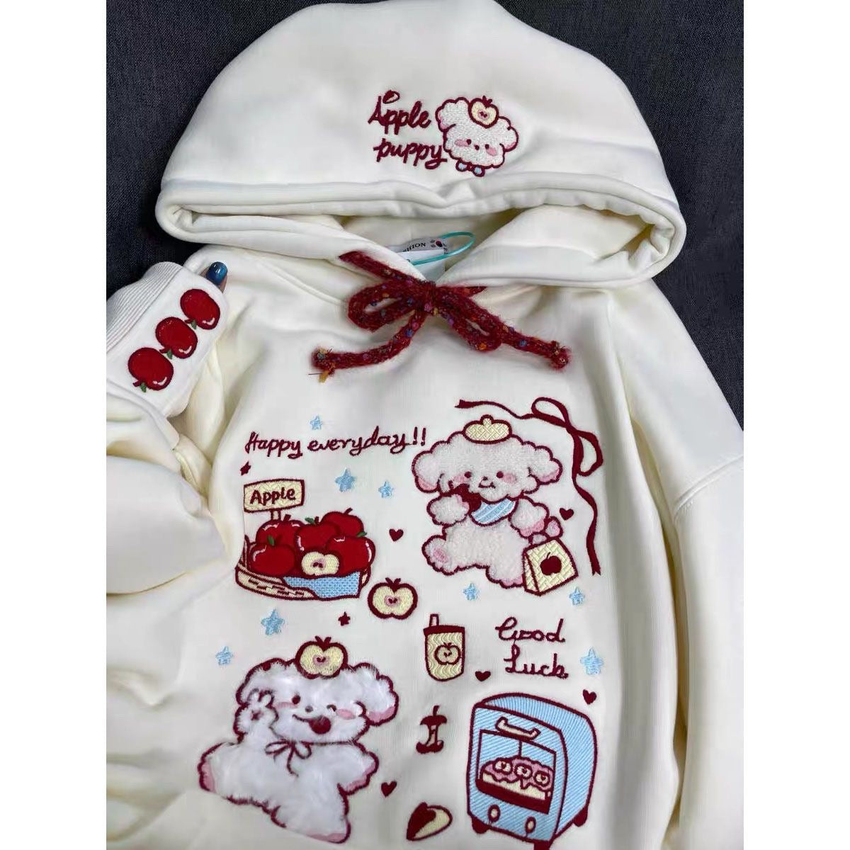 “Apple Puppy” Embroidered Hoodie – Cream with Red Accents & Whimsical Motifs