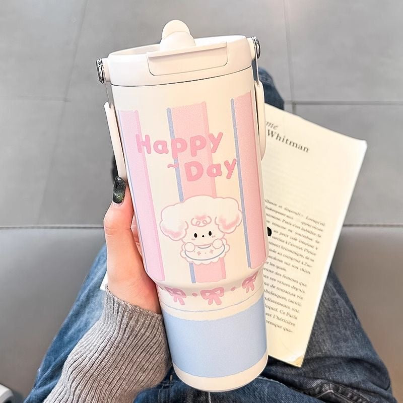 Happy Day Sheep Tumbler – 900ml Pastel Thermos with Bow & Cartoon Design