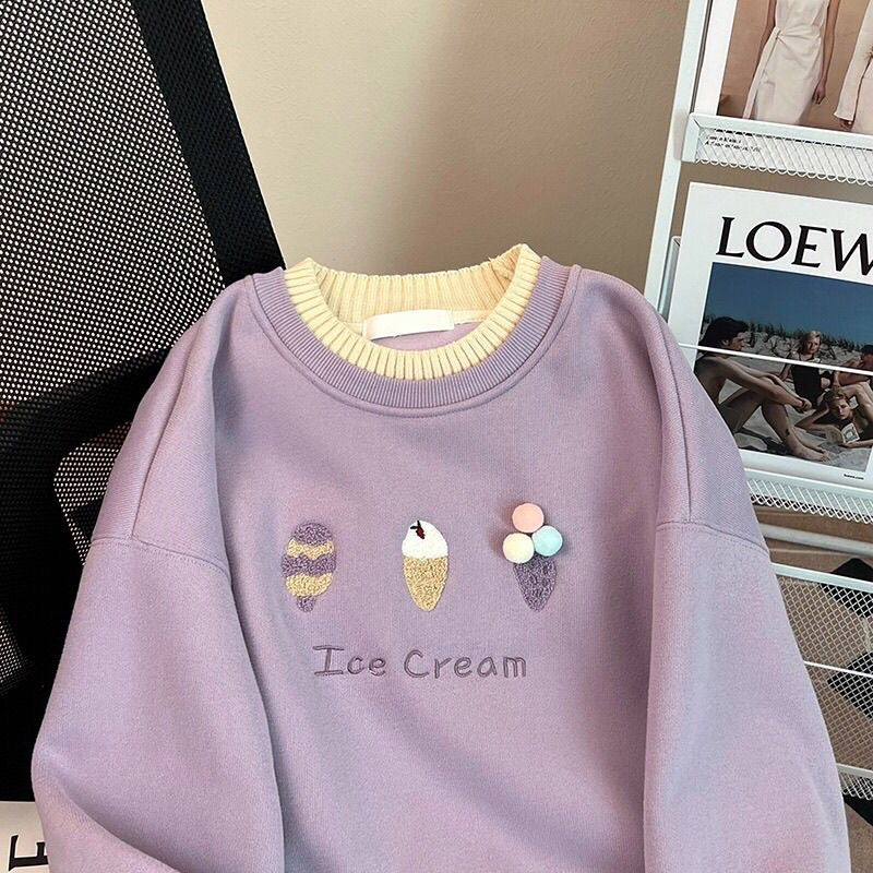 “Ice Cream” Embroidered Sweatshirt – Lavender with Pastel Cone Designs & Yellow Trim