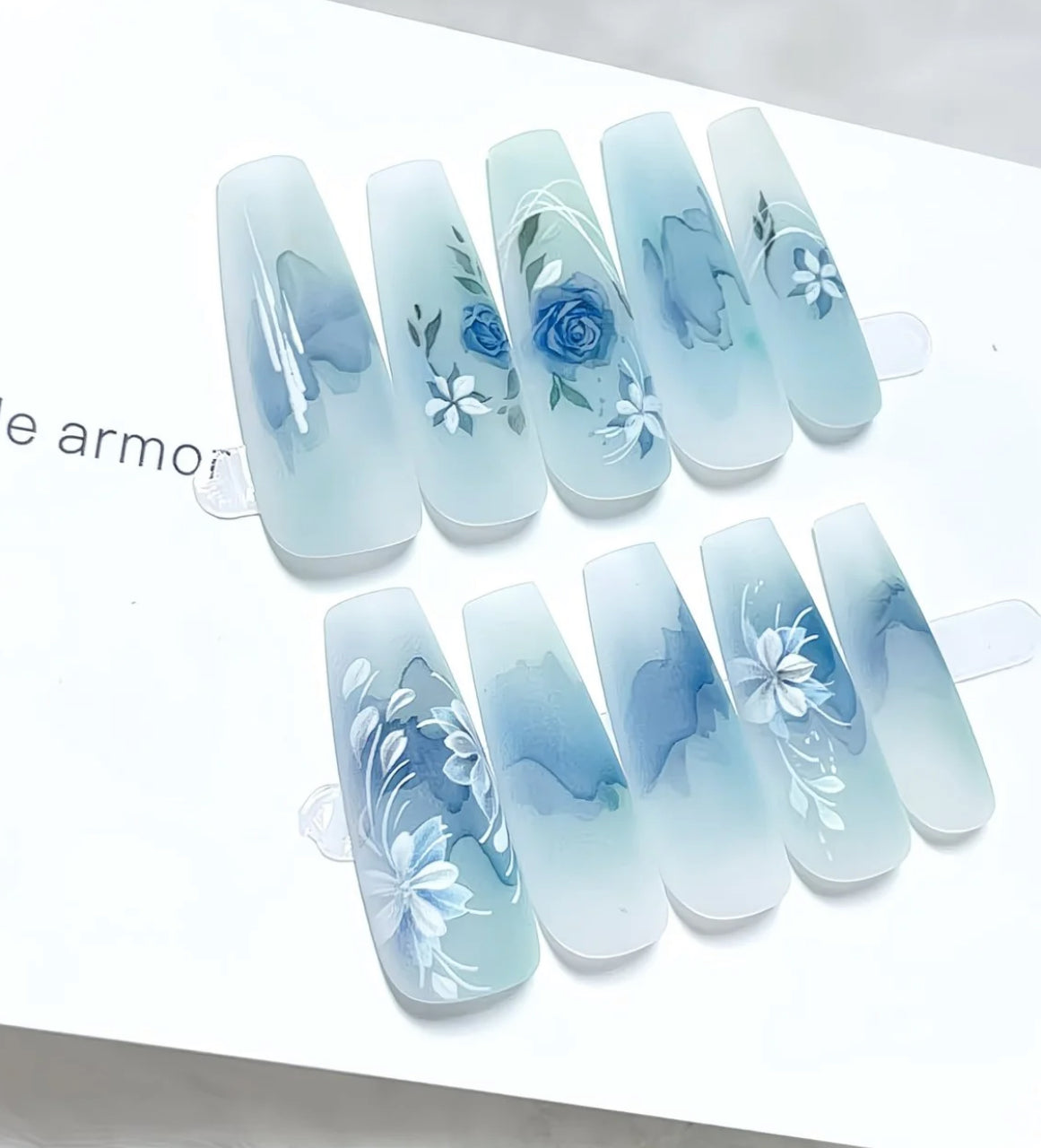 Blue Floral Watercolor Press-On Nails – Handmade Art Design | Made Armor Collection