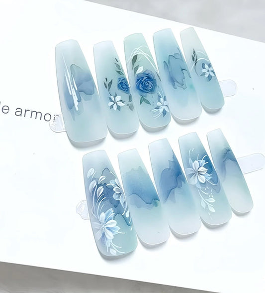 Blue Floral Watercolor Press-On Nails – Handmade Art Design | Made Armor Collection