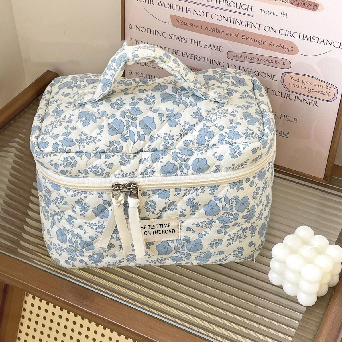 Floral Quilted Cosmetic Bag – Travel Toiletry Organizer