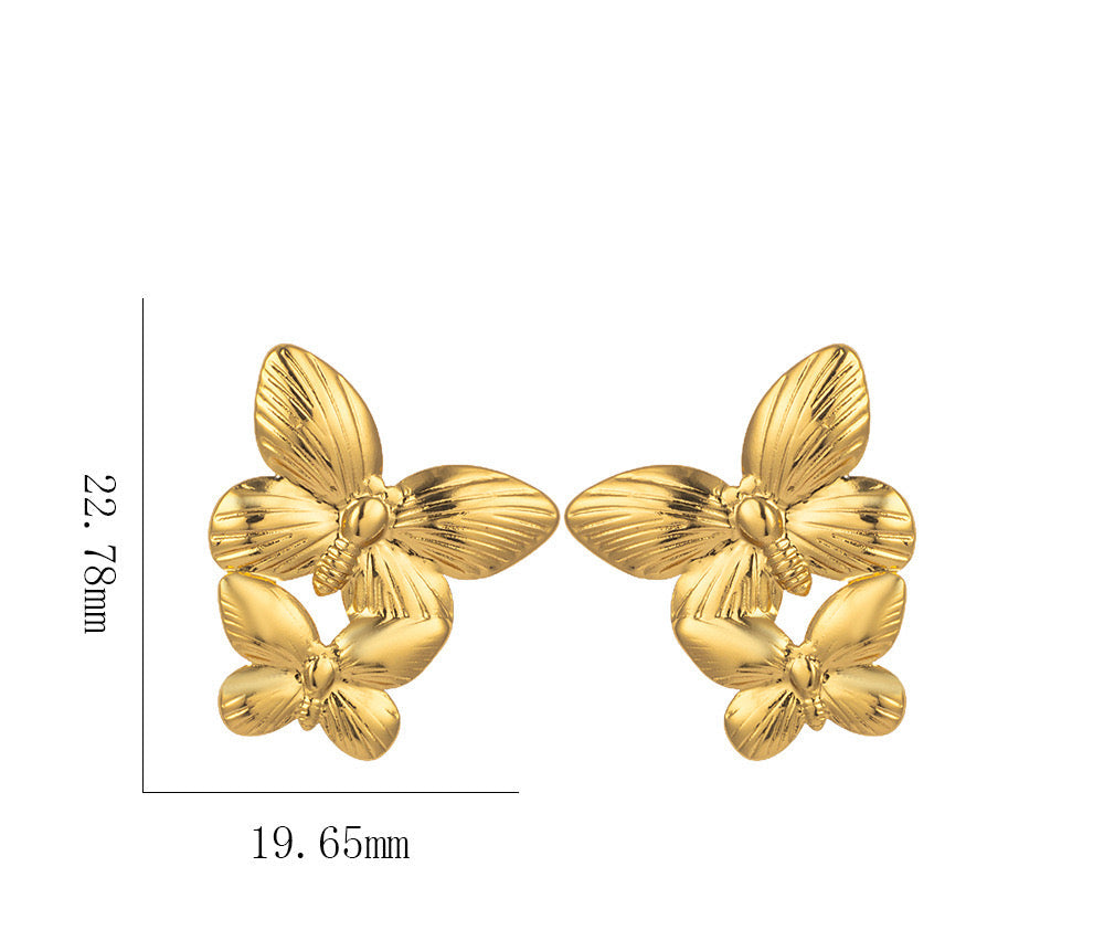 Double Butterfly Earrings – Textured Gold Design | Stainless Steel 18K Gold Plated