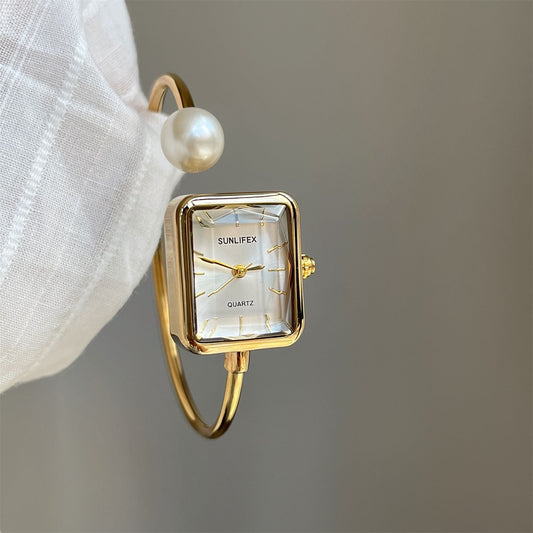 SUNLUX Square Women’s Bangle Watch – Gold-Tone Case with Pearl Accent & Pearlescent Dial