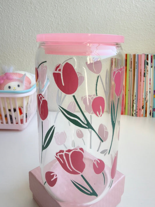 Tulip Floral Glass Cup – 16 oz Spring Bloom with Lid Choice