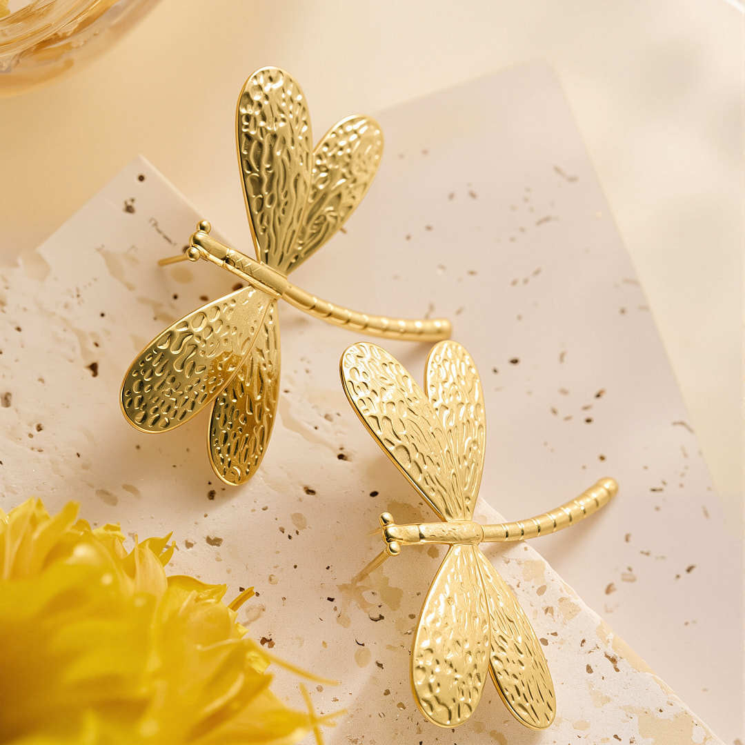 Dragonfly Statement Earrings – Textured Gold Wings | Stainless Steel 18K Gold Plated