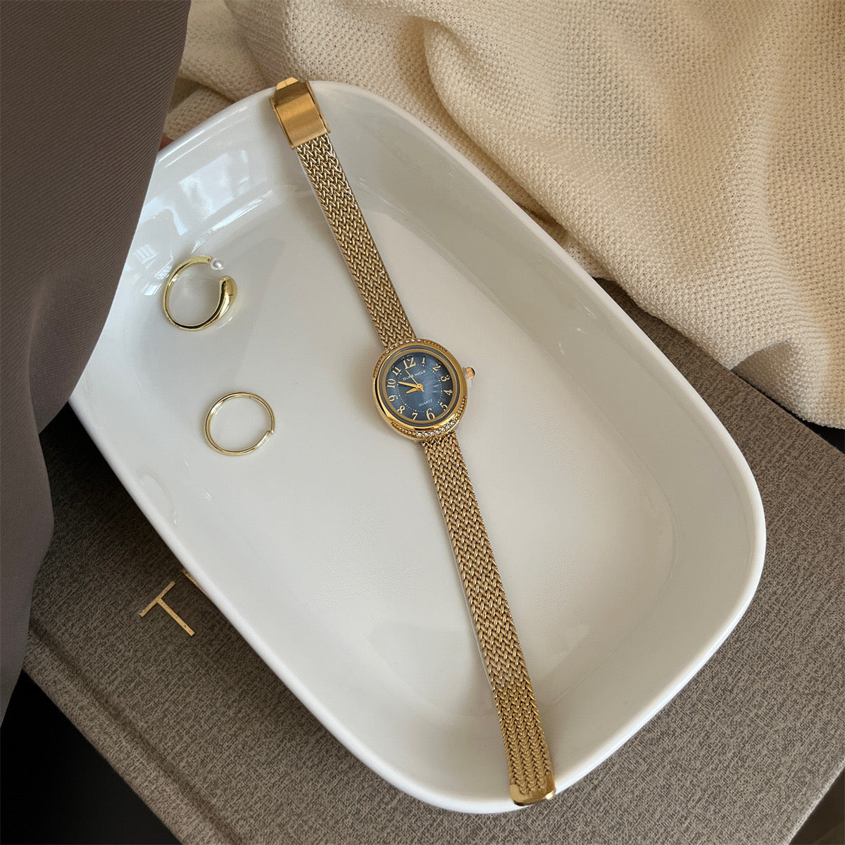 Christian Lacroix Blue Dial Gold Watch – Luxury Quartz with Woven Band