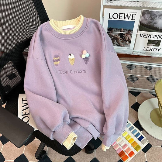 “Ice Cream” Embroidered Sweatshirt – Lavender with Pastel Cone Designs & Yellow Trim
