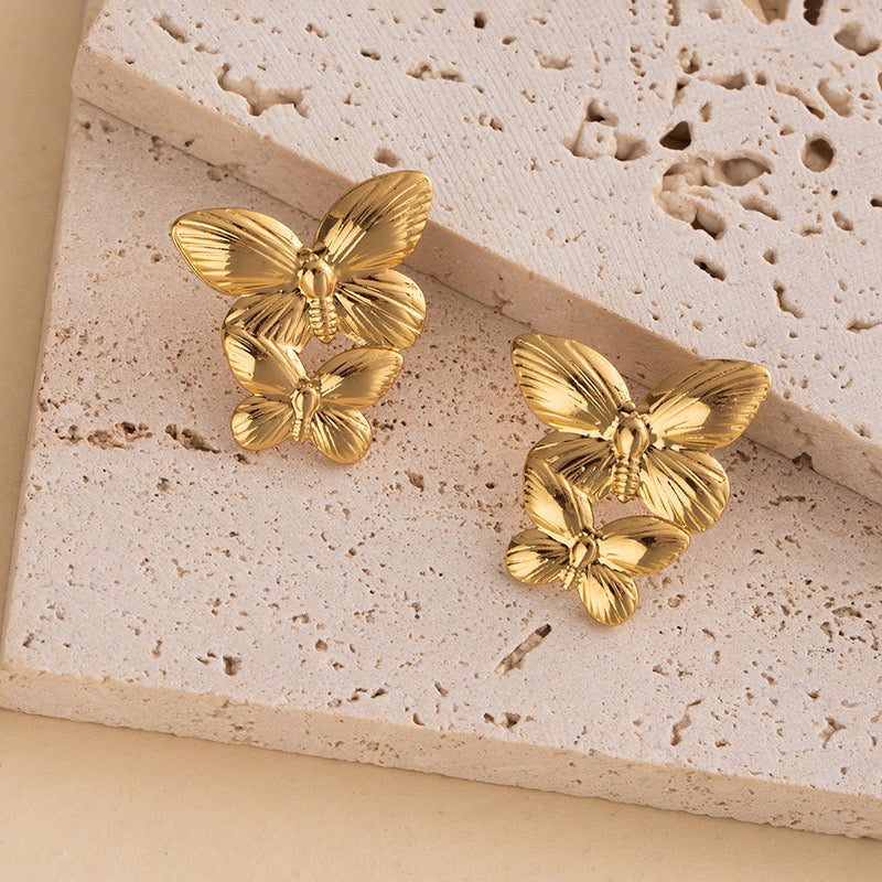 Double Butterfly Earrings – Textured Gold Design | Stainless Steel 18K Gold Plated