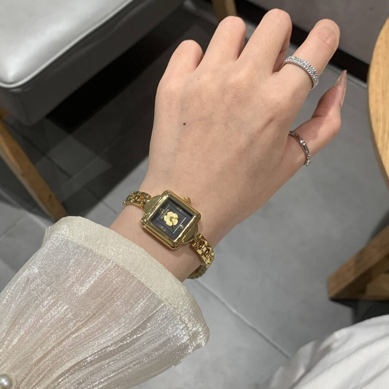 OLIVLA Square Gold-Tone Women’s Watch – Black Dial with Floral Center