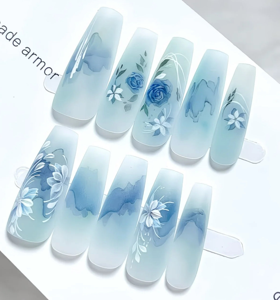 Blue Floral Watercolor Press-On Nails – Handmade Art Design | Made Armor Collection