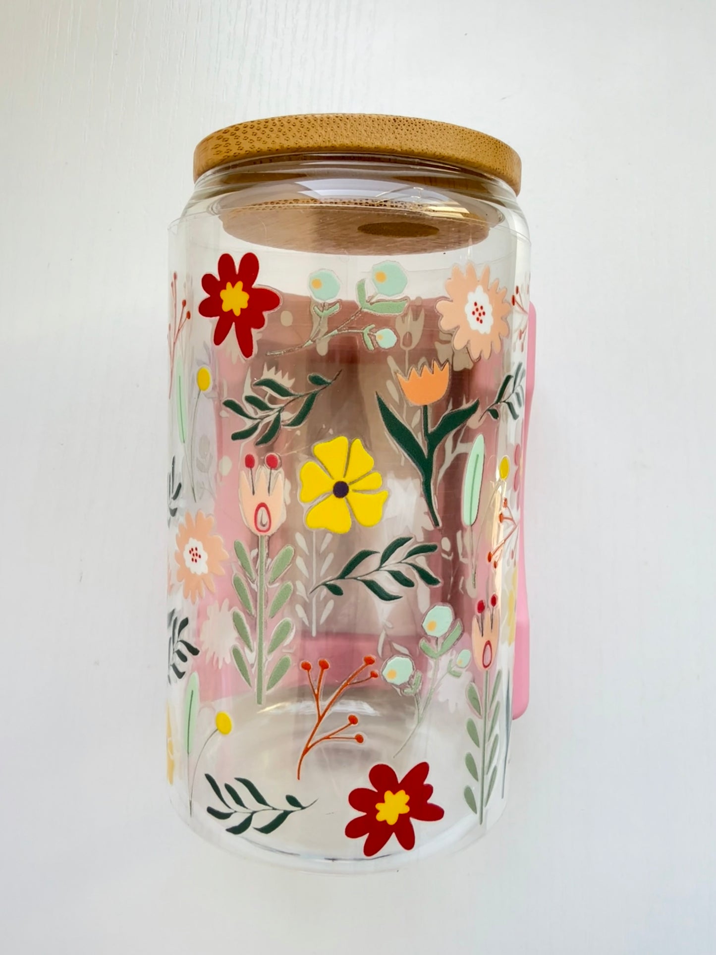 Wildflower Glass Cup – 16 oz Whimsical Bloom with Lid Choice
