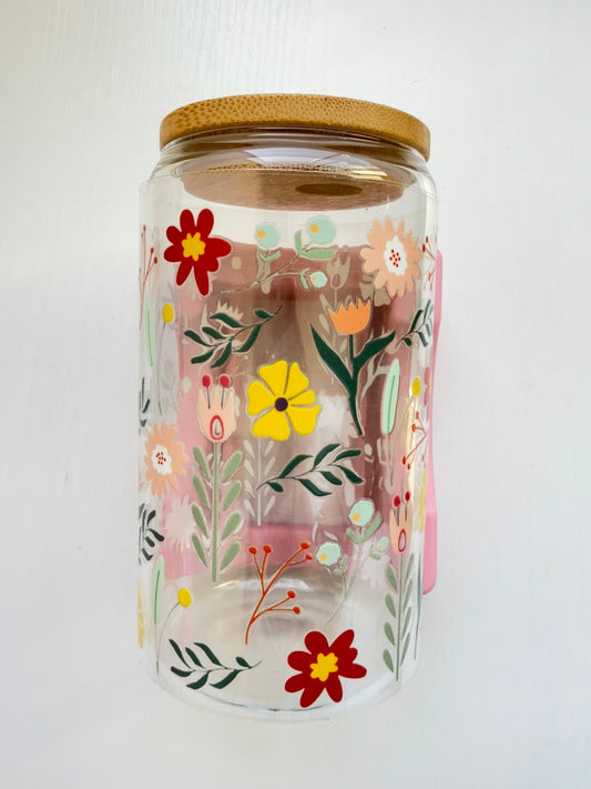 Wildflower Glass Cup – 16 oz Whimsical Bloom with Lid Choice