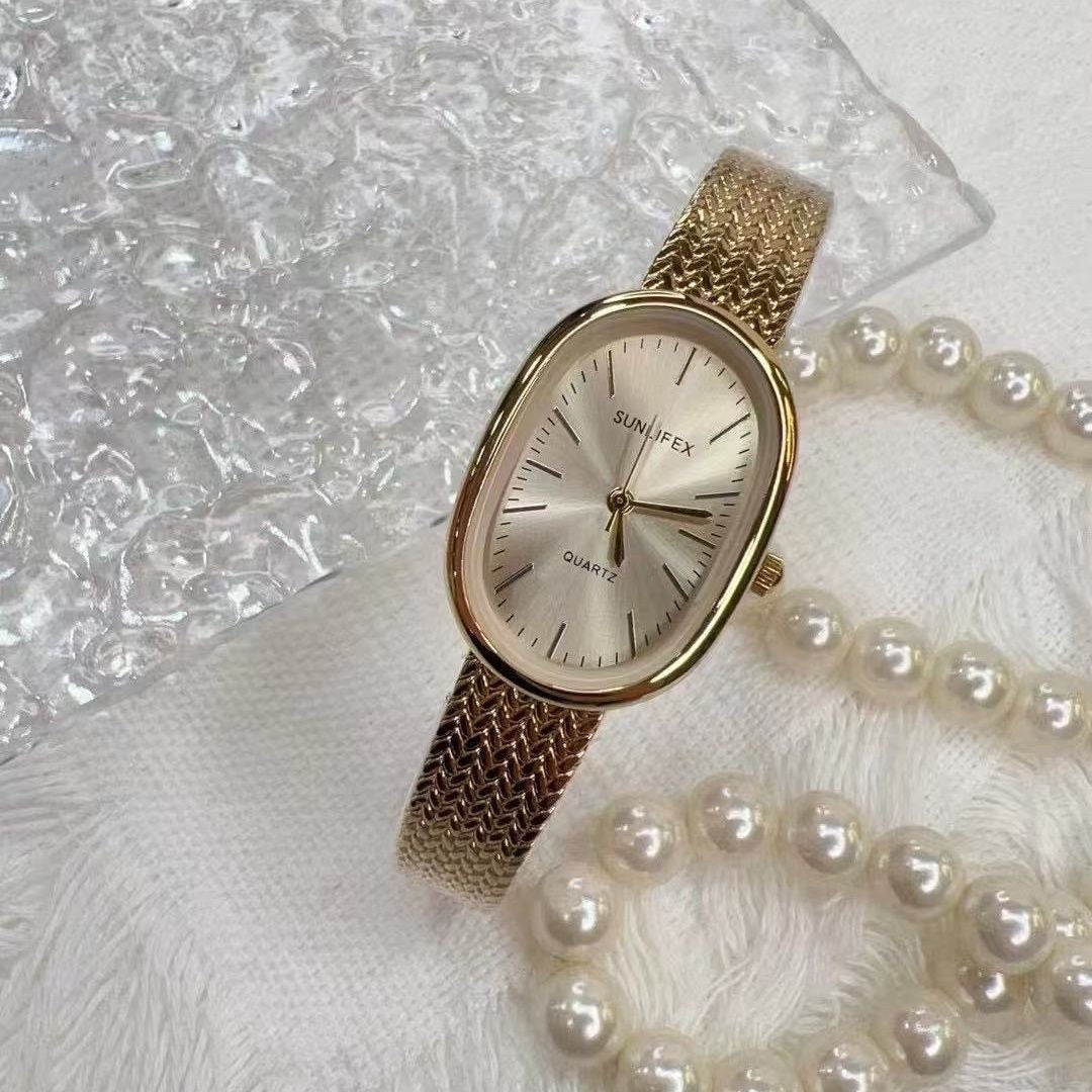 SUNLIFEX Gold Mesh Oval Watch – Minimalist Elegance in Timeless Design