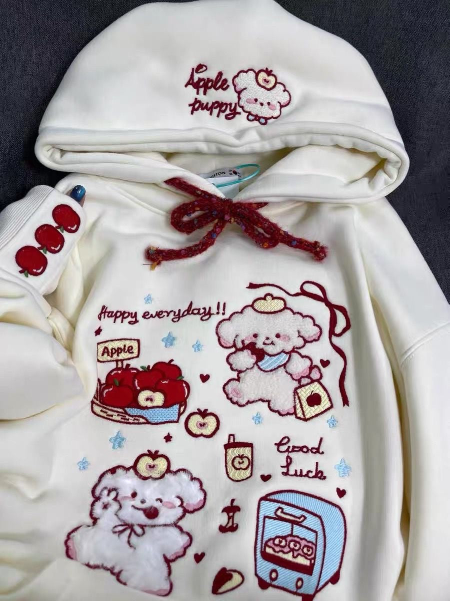 “Apple Puppy” Embroidered Hoodie – Cream with Red Accents & Whimsical Motifs